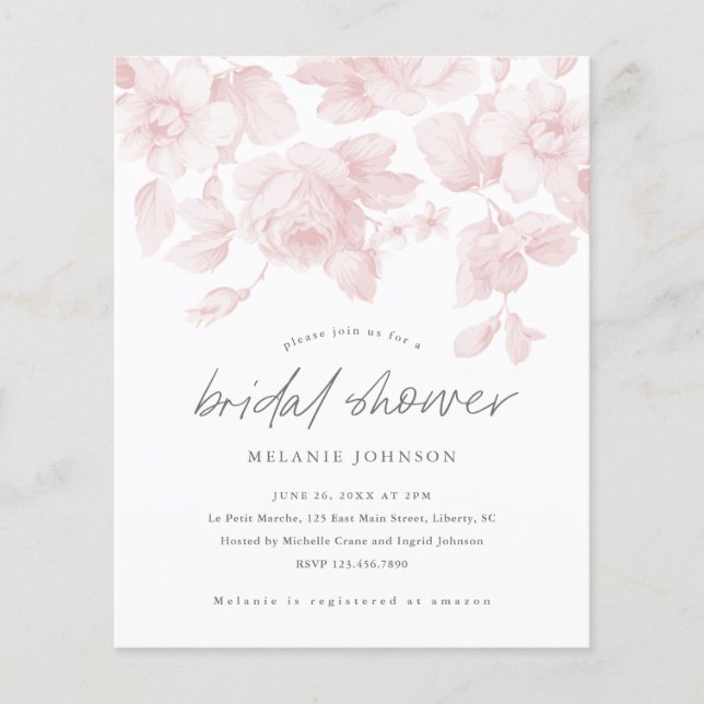 Budget Floral Script Pink Bridal Shower Invitation (Front)