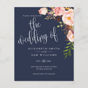 Budget Floral Simple Navy Blue Wedding Invitation Flyer