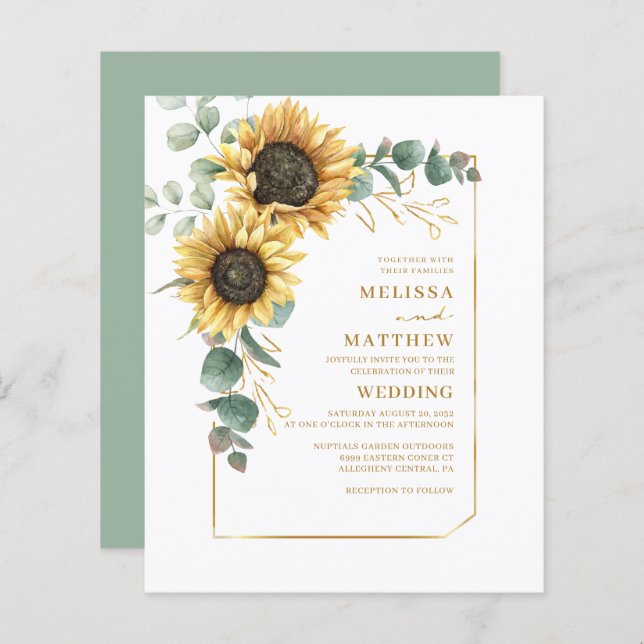 Budget Floral Sunflower Eucalyptus Wedding Invite (Front/Back)