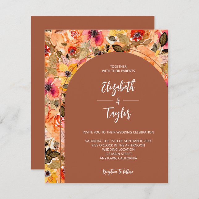 Budget Floral Terracotta All In One Wedding Invite (Front/Back)