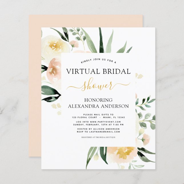 Budget Floral Virtual Bridal Shower Blush Pink (Front/Back)