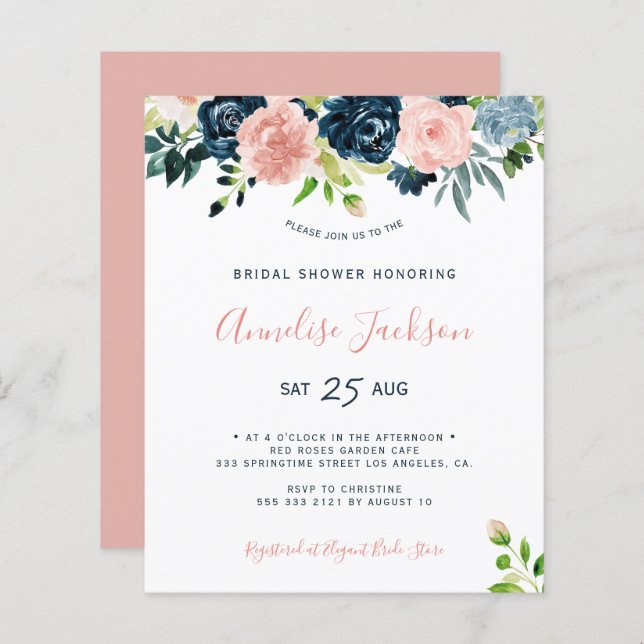 Budget floral watercolor bridal shower invitation (Front/Back)