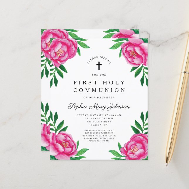 Budget Floral Watercolor Peonies First Communion  (Front/Back In Situ)