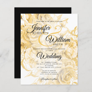 Budget Floral Wedding Invitation Black & Gold 