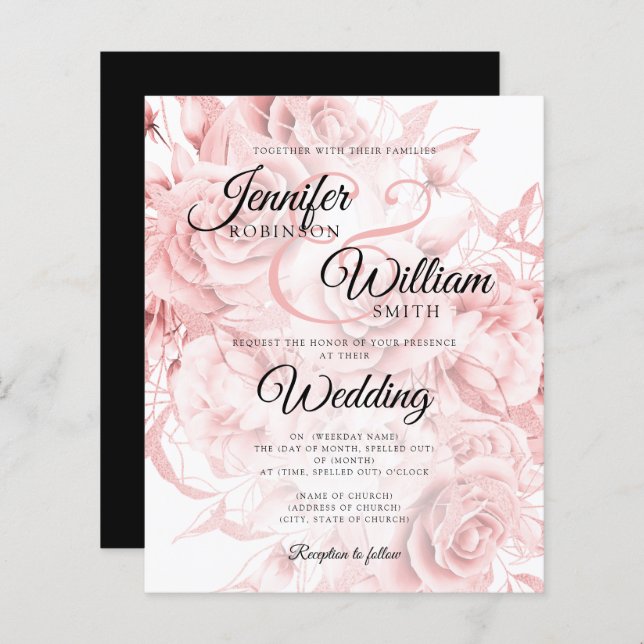 Budget Floral Wedding Invitation Black & Rose Gold (Front/Back)