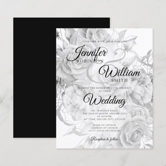 Budget Floral Wedding Invitation Black & White  (Front/Back)