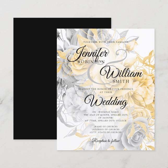 Budget Floral Wedding Invitation Gold & Silver  (Front/Back)
