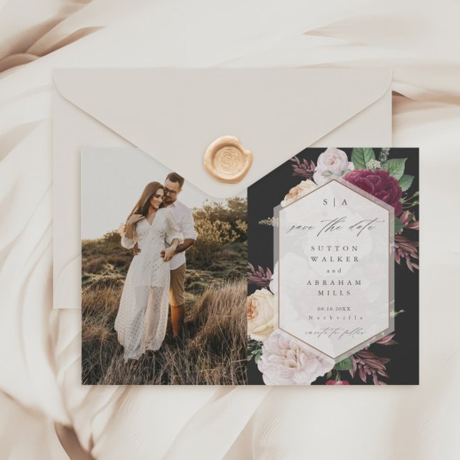 Budget Floral Wedding Photo Save the Date (Vintage Floral Bouquet Black Budget  Photo Wedding Save the Dates.)