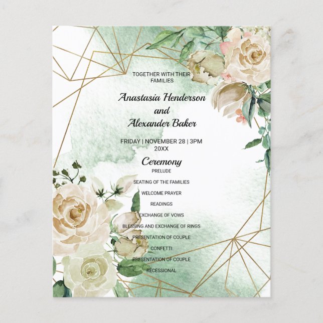 Budget floral Wedding Program card. (Front)