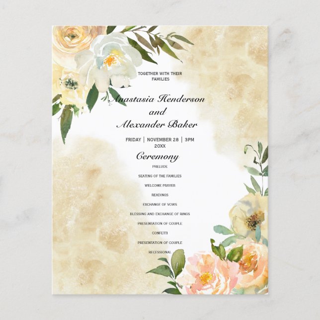 Budget floral Wedding Program card. (Front)