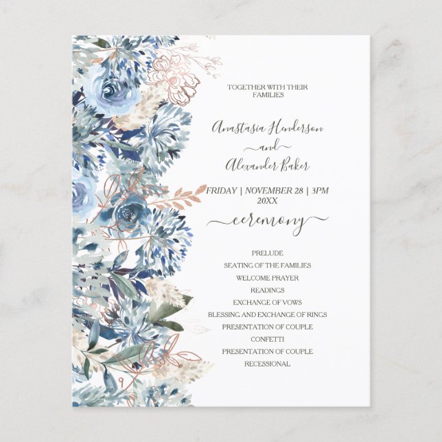 Budget Floral Wedding Program card. (Front)