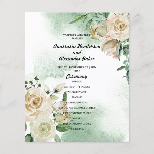 Budget floral Wedding Program card. (Front)