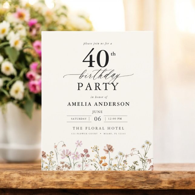 Budget Floral Wildflower 40th Birthday Invitation Flyer (Creator Uploaded)