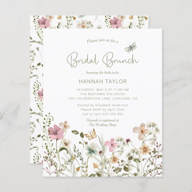 Budget Floral Wildflower Bridal Brunch Invitation (Front/Back)