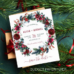 BUDGET floral winter Christmas wedding save date Flyer<br><div class="desc">Elegant modern script rustic Christmas wedding stylish affordable save the date template flyer featuring a watercolor wreath of red burgundy peony roses, seasonal hunter green pine boughs, fir branches, red berries, and greenery foliage. Fill in your information in the spots. The card is suitable for elegant rustic chic winter Christmas...</div>