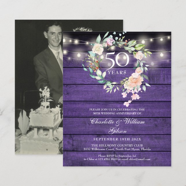 Budget Floral Wood 50th Anniversary Photo Invite (Front/Back)