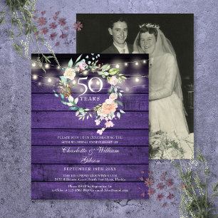 Budget Floral Wood 50th Anniversary Photo Invite