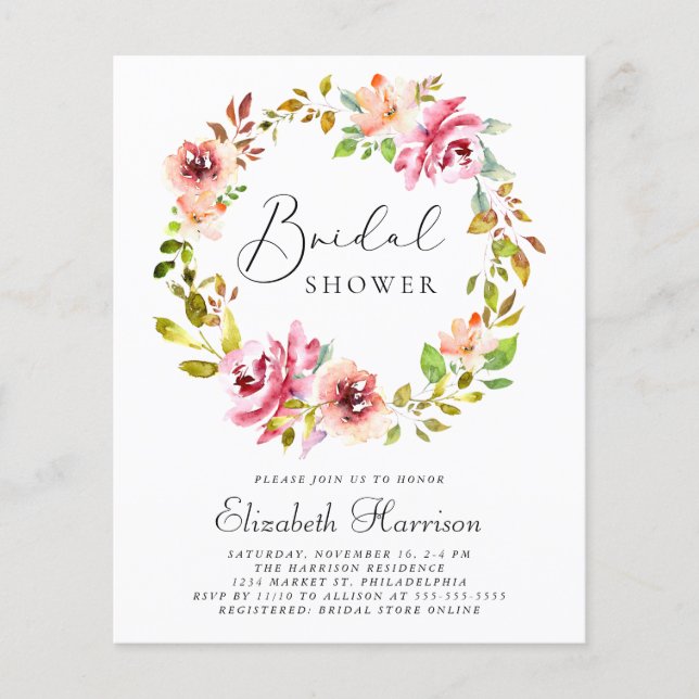 Budget Floral Wreath Bridal Shower Invitation (Front)
