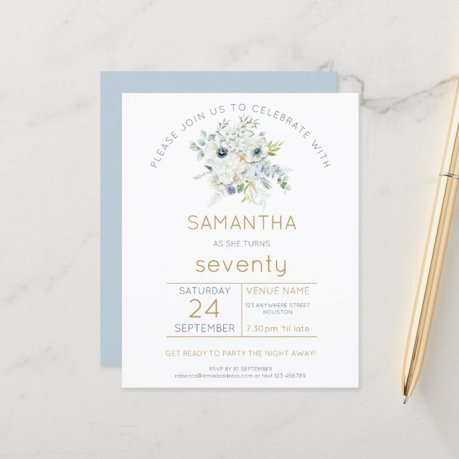 Budget Florals 70th Birthday Party Invitation (Front/Back In Situ)