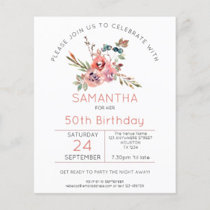 Budget Florals Coral Pink 50th Birthday Invitation