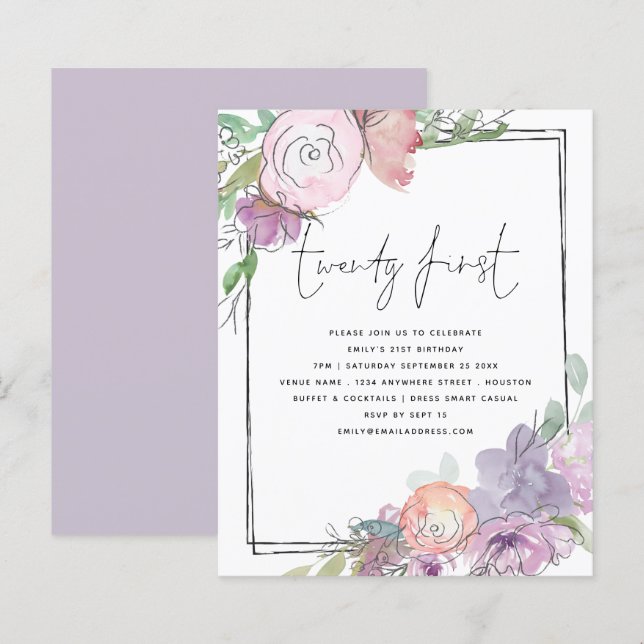 Budget Florals Scribble Frame 21st Party Invite (Front/Back)