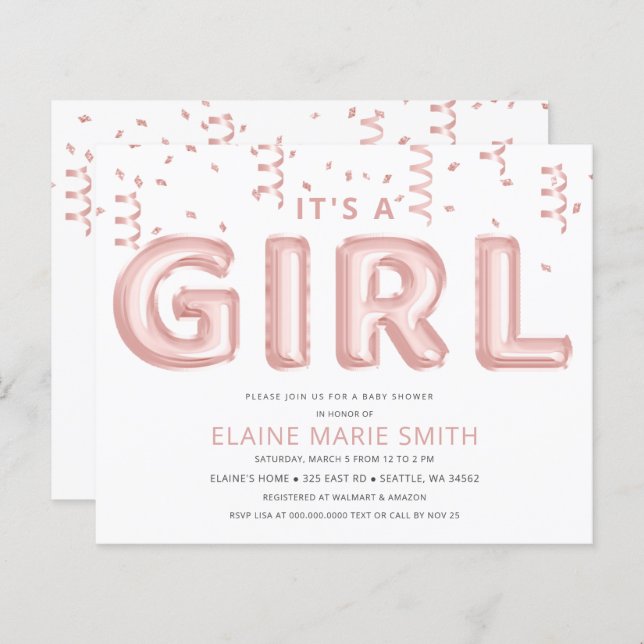 Budget Foil Balloons Girl Baby Shower Invitation (Front/Back)