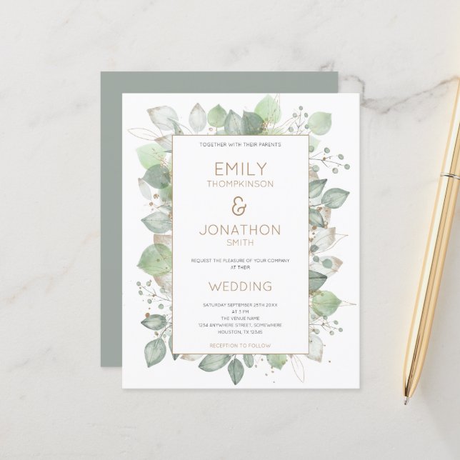 Budget Foliage Border Gold Sage Wedding Invitation (Front/Back In Situ)
