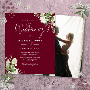 Budget Foliage Burgundy Photo Wedding Invitation