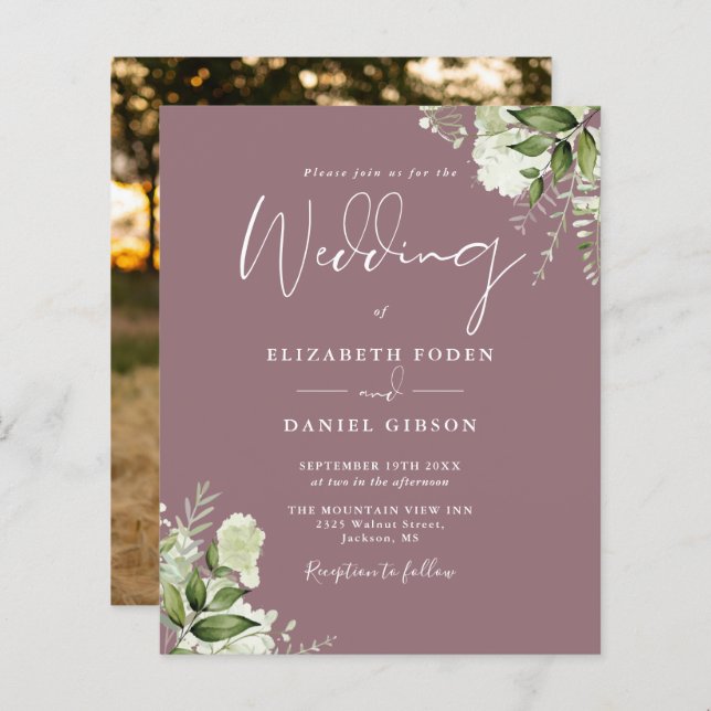 Budget Foliage Mauve Photo Wedding Invitation (Front/Back)