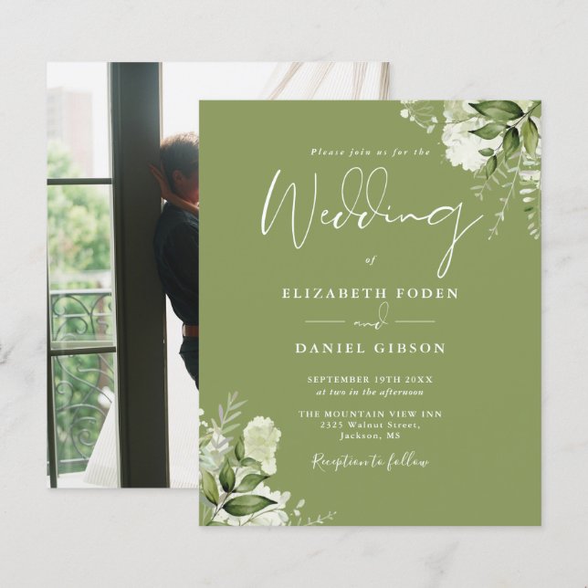 Budget Foliage Moss Green Photo Wedding Invitation (Front/Back)