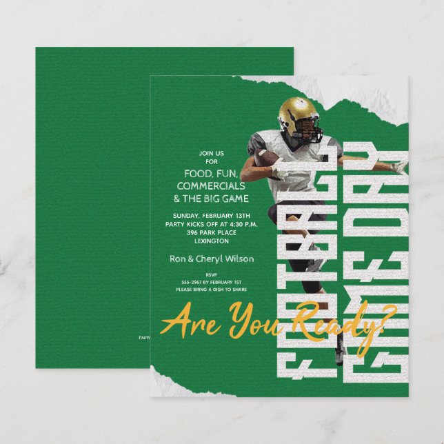 Budget Football Player Game Day Green Invitations (Front/Back)