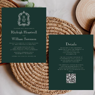 Budget Forest Green Monogram Crest QR Code Wedding
