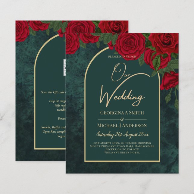 BUDGET ForestGreen RED Roses Winter Wedding INVITE (Front/Back)