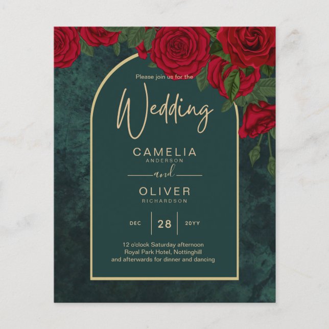 BUDGET ForestGreen RED Roses Winter Wedding INVITE Flyer (Front)