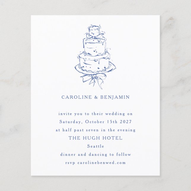 Budget French Blue Doodle Wedding Cake Invitation (Front)