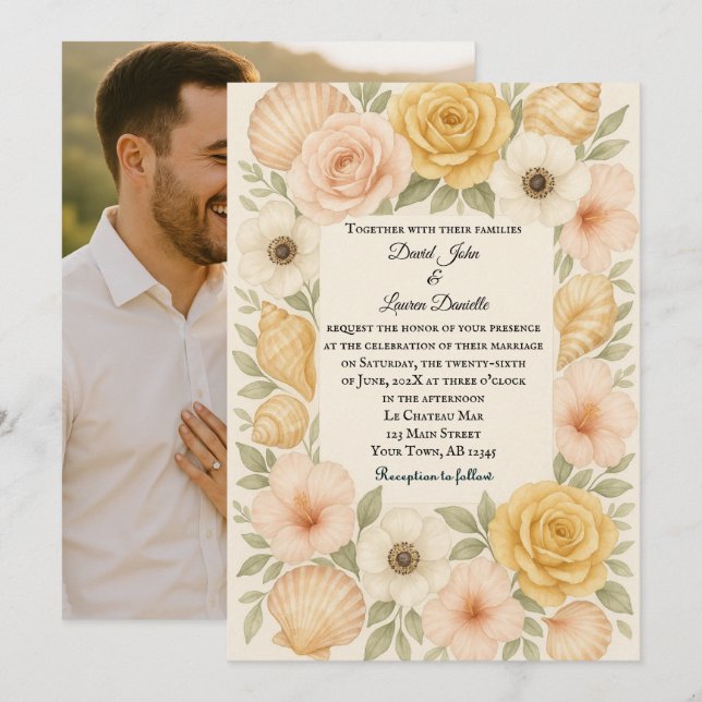 Budget Friendly Floral Shells Photo Wedding Invite (Front/Back)