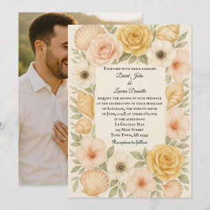 Budget Friendly Floral Shells Photo Wedding Invite