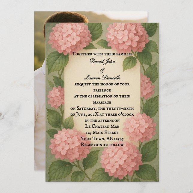 Budget Friendly Pink Hydrangea Photo Wedding Invitation (Front/Back)