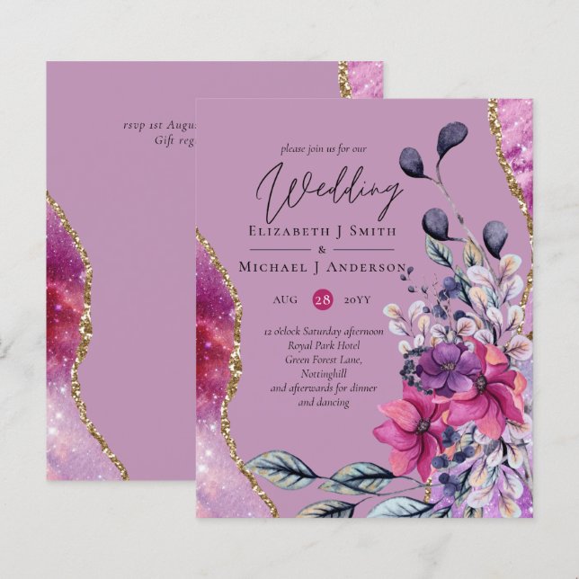 BUDGET Fuchsia Violet Purple Floral Wedding Invite (Front/Back)