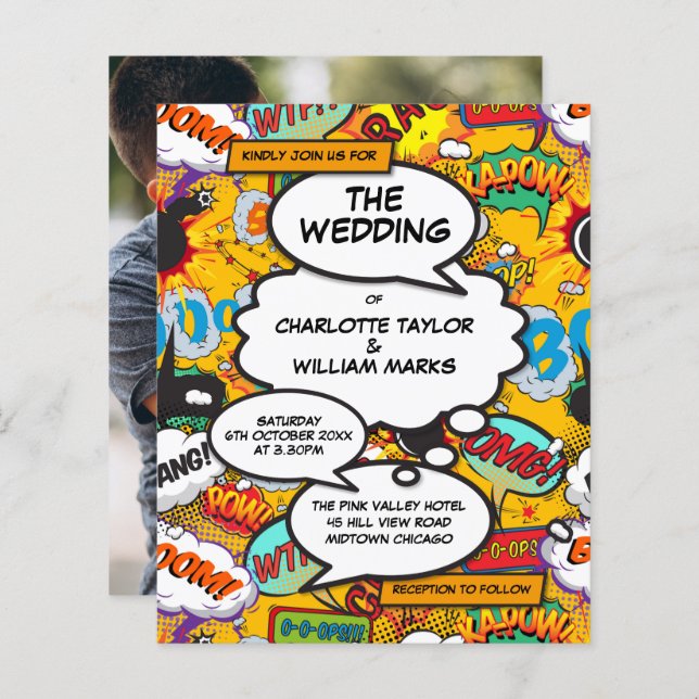 Budget Fun Comic Book Photo Wedding Invitation (Front/Back)