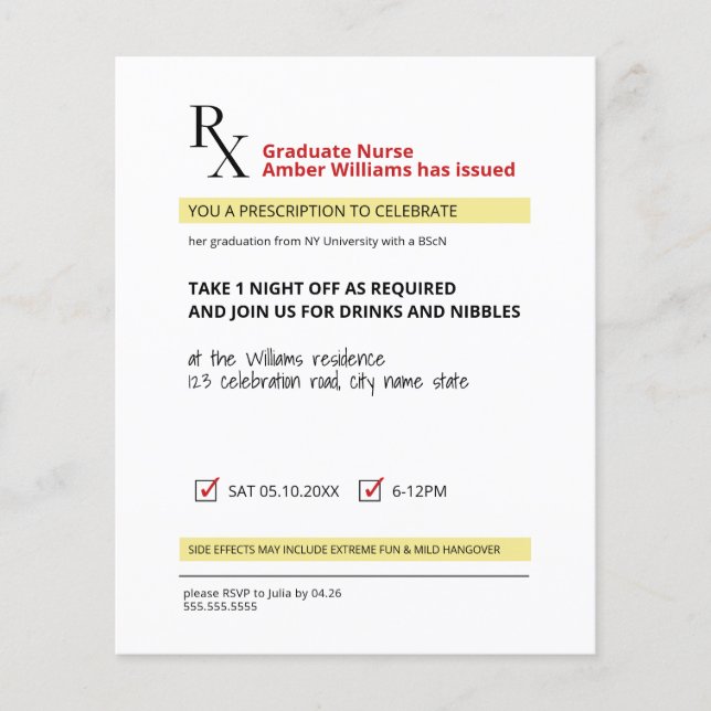 Budget Fun Novelty Prescription Nurse Grad Invite (Front)