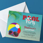 Budget Fun Pool Party Birthday Invitation<br><div class="desc">Throwing a pool party for your little one on a budget. Then these fun colourful pool birthday party invitations are ideal. Featuring a ombre blue water background,  palm tree leaves,  beach ball,  sunglass and a modern birthday party template that is easy to customize.</div>