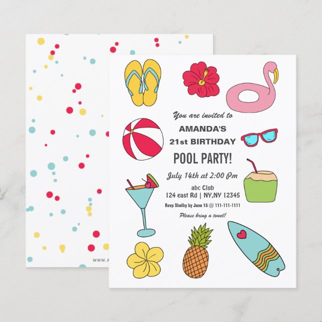 Budget Fun Summer Pool Party Birthday Invitation (Front/Back)