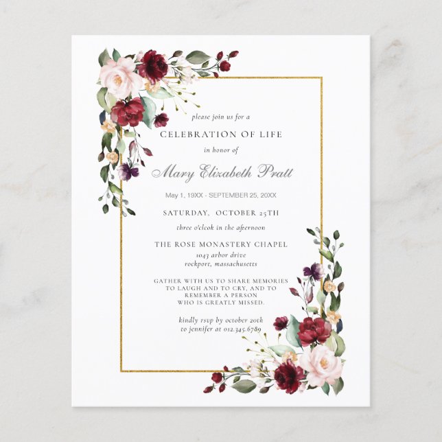 Budget Funeral Burgundy Red Rose Floral Invitation (Front)