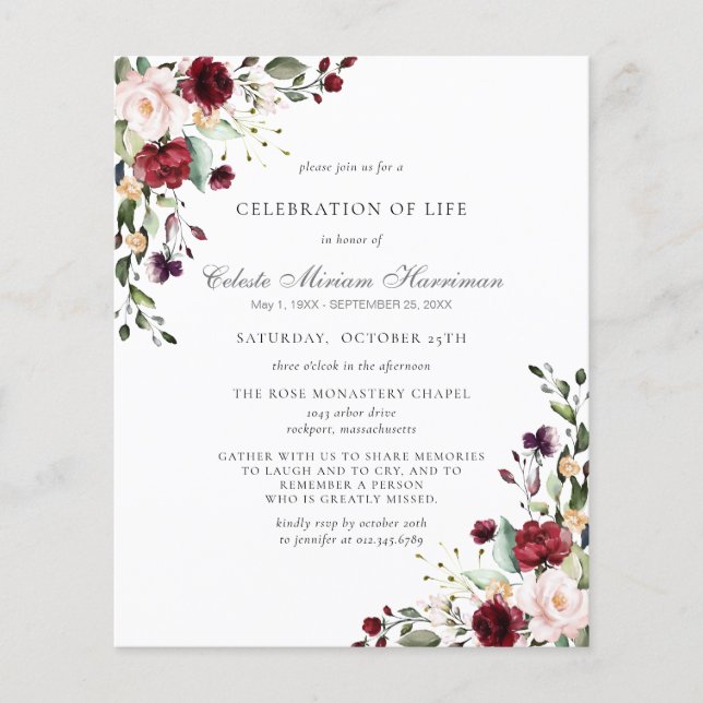 Budget Funeral Burgundy Red Rose Floral Invitation (Front)