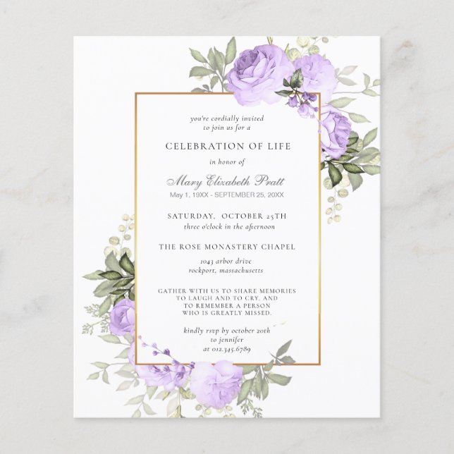 Budget Funeral Invitation Purple Floral (Front)