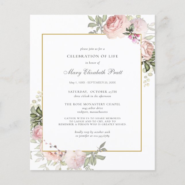 Budget Funeral Pink Floral Invitation Flyer (Front)