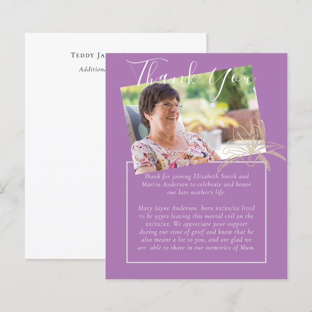BUDGET Funeral Thank You Photo Mauve Lilly (Front/Back)