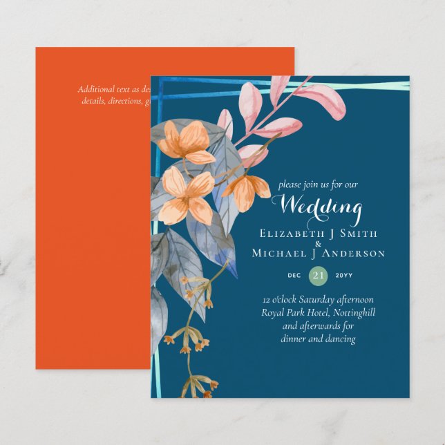 BUDGET Garden Leaves Fall Wedding Invites Teal (Front/Back)