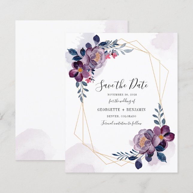 Budget Geometric Frame Purple Floral Save The Date (Front/Back)